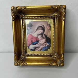 Madonna and Child Ornate Gold Framed Religious Print Cherubs 8x7